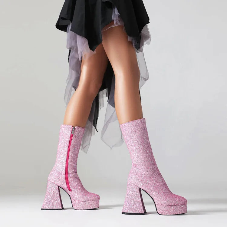 Ochanmeb Women Gold Sequins Boots Platforms Super High Chunky Heels Pink Mid-Calf Boots Gothic Zipper Woman Silver Glitter Shoes