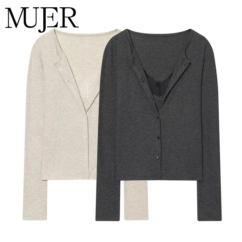 MUJER Lace Cropped Jacket Women Tops Vintage Knit Demi-season Jackets for Women Button up Women's Coats Office Knitted Cardigan