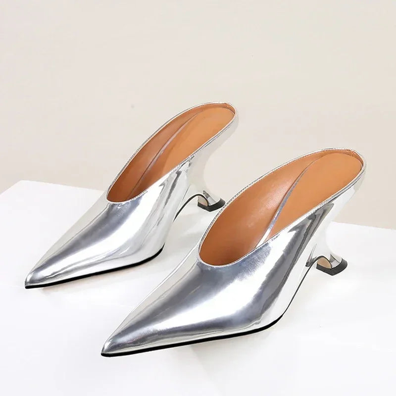 Pointed Toe Women Slippers Shoes Designer Shallow Wedges 9cm High Heels Banquet Mule Zapatos De Mujer