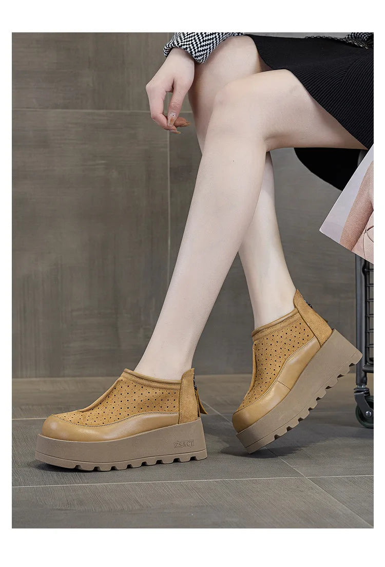 Fujin 6CM Suede Cow Genuine Leather Moccasins Women Platform Wedge Flats Women Shoes Ankle Booties Females ZIP Pumps Shoes