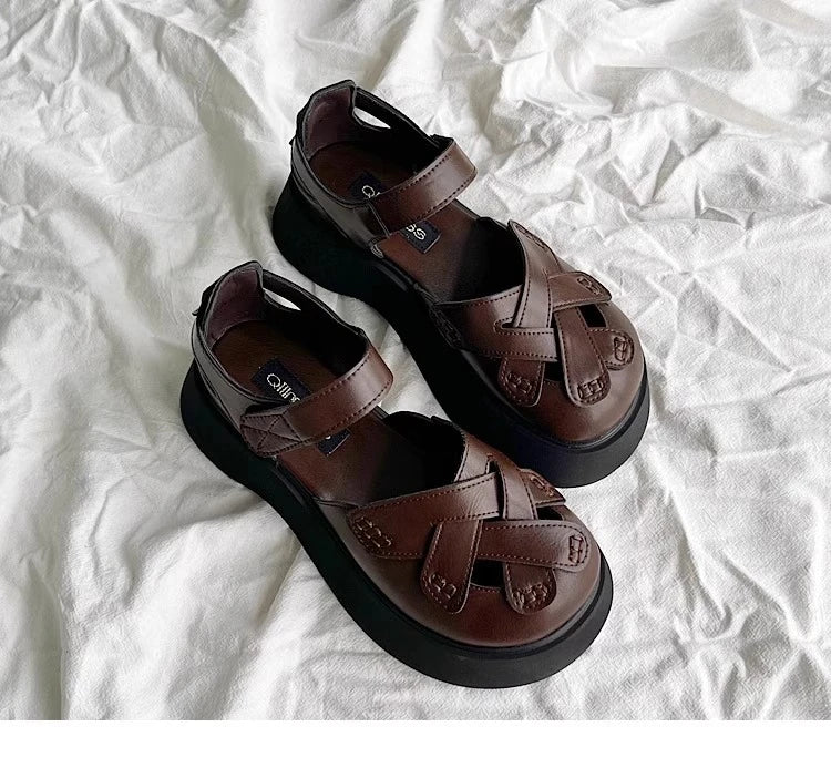 2025 Summer New Retro Style Mary Jane Enclosed Toe Sandals for Women Artistic & Versatile Weaving Style Thick Soled Roman Shoes