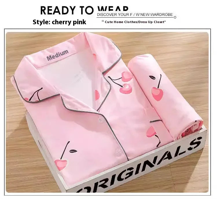 Four Seasons Women Pajamas Set with Lapel Top and Long Pants Checkered Striped Printed 2 Piece Set Ladies Nightwear Homewear