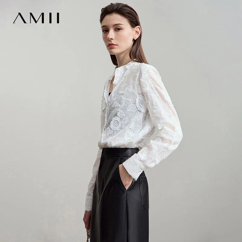 AMII 2025 Autumn New Elegant Embroidery Women's Shirt Stand Collar Wide Shoulder Office Lady Loose Blouses Women Tops 12543066