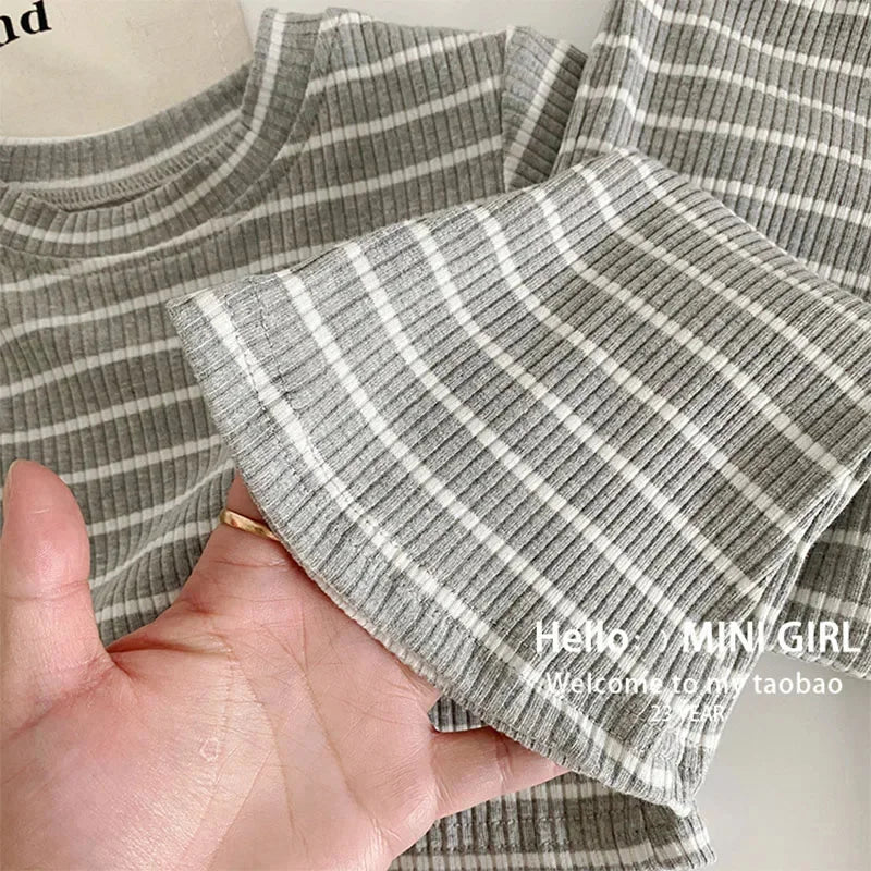 Summer Girls Sets Children's Fashion Striped Suit Kids Short-Sleeved Round Neck Top Trousers 2Pcs Bew Casual Clothing Outfit