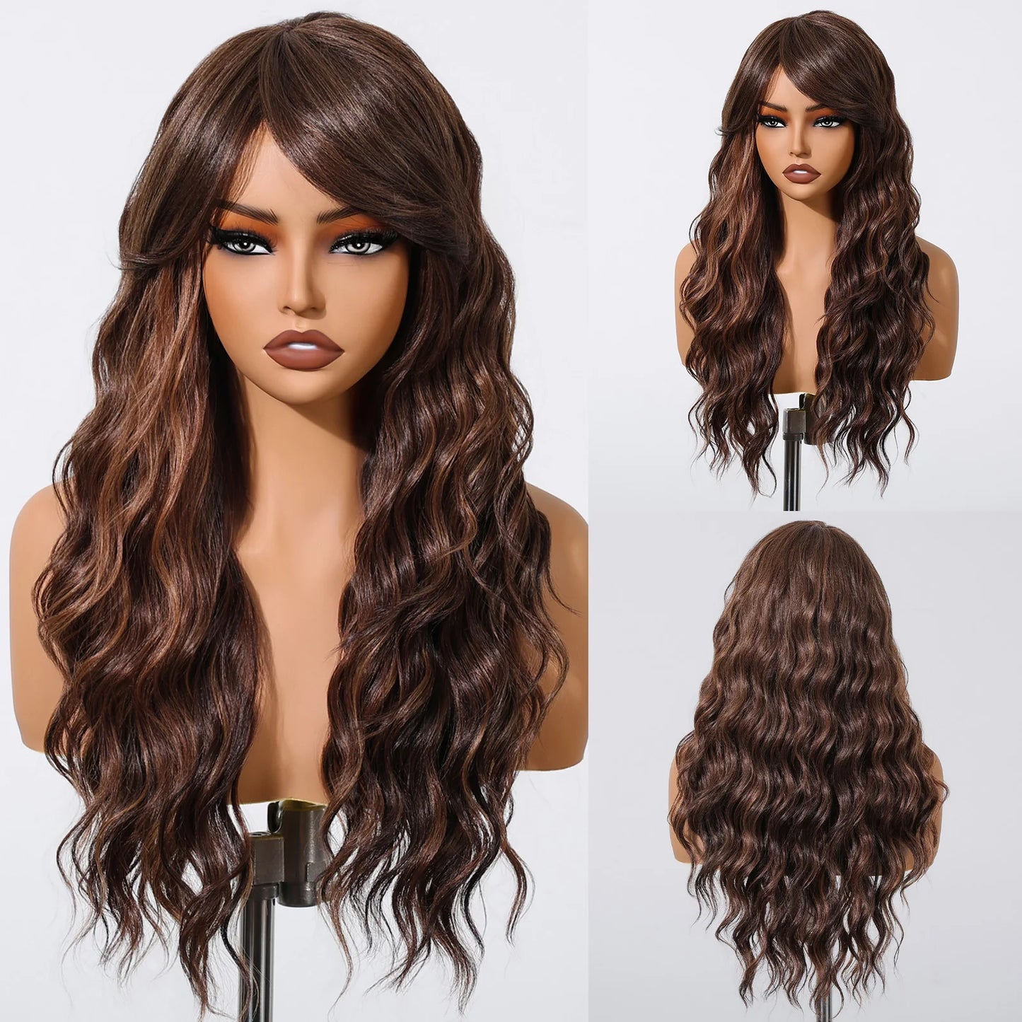 EASIHAIR Dark Brown Long Curly Synthetic Wig with Bangs Brown Women's Wigs for Cosplay Daily Use Heat Resistant Natural Hair