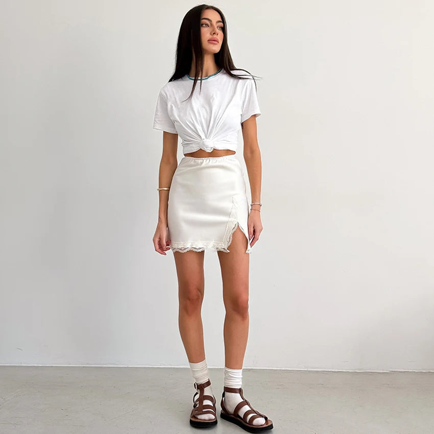 Linad Elegant Satin Embroidery Pencil Skirts Summer Sexy High Waist Split Mini Skirts For Women Fashion Slim Skirt Female 2025