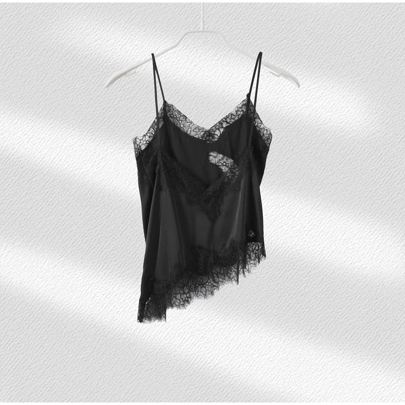 Lace Spliced Square Neck Spaghetti Strap Blouse Loose Fit Cropped 2026 Summer Women Chiffon Top Causal Delicate Lady Blusa