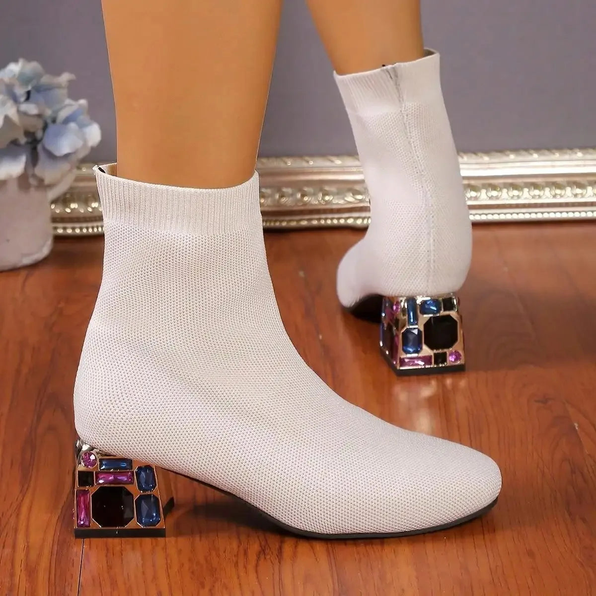 Women Hot Sale High Heels Short Boots 2023 Winter Designer Square Toe Mesh Breathable Stretch Sock Boots Slip on Platform Shoes