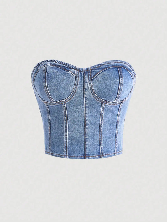 European style plunging neck denim spring new style sexy and intense allure fitted waist shaping design