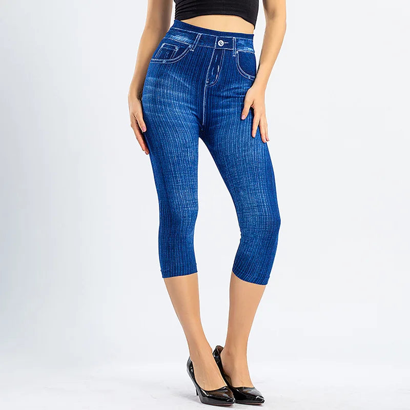 1pcs Womens Denim Print Leggings Female Fashion Slim Leggings Faux Jeans Leggings Lady Stretch Printed Leggins Pants Capri Pants