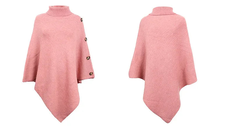 2025 Autumn Winter Shawl Cloak Sweater Solid Color Turtleneck Oversized Cape Coat Female Ponchos Pullover Knitted Bat Sleeve Top