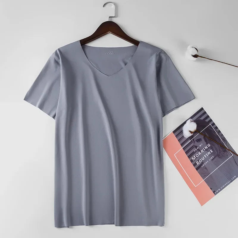 Ice Silk Men T-shirts Summer Seamless Sport Underwear Casual V-neck Thin T-shirts Quick Dry Shirt Tops Bottoming Shirt for Men