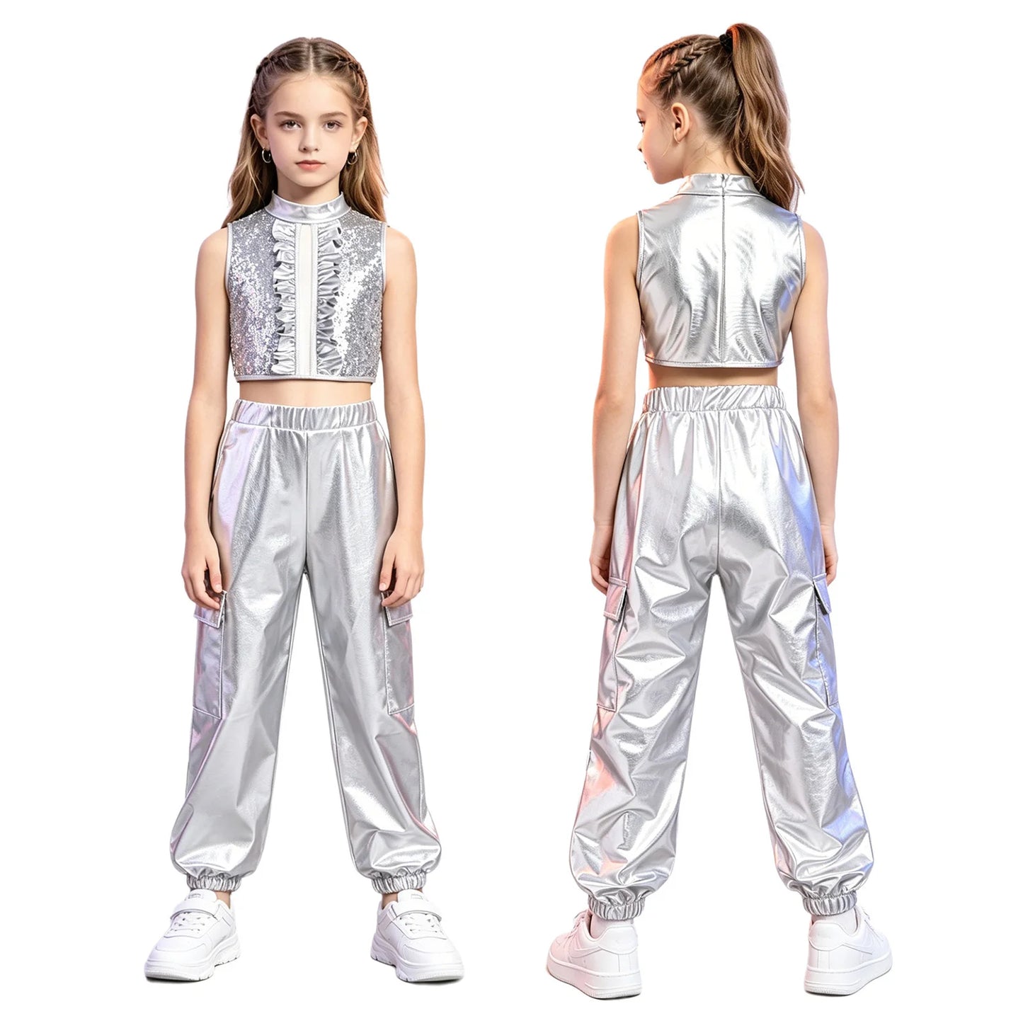 Kids Girls Disco Jazz Hip Hop Dance Outfit Sleeveless Shiny Sequin Ruffle Crop Top with Metallic Pants School Show Party Costume