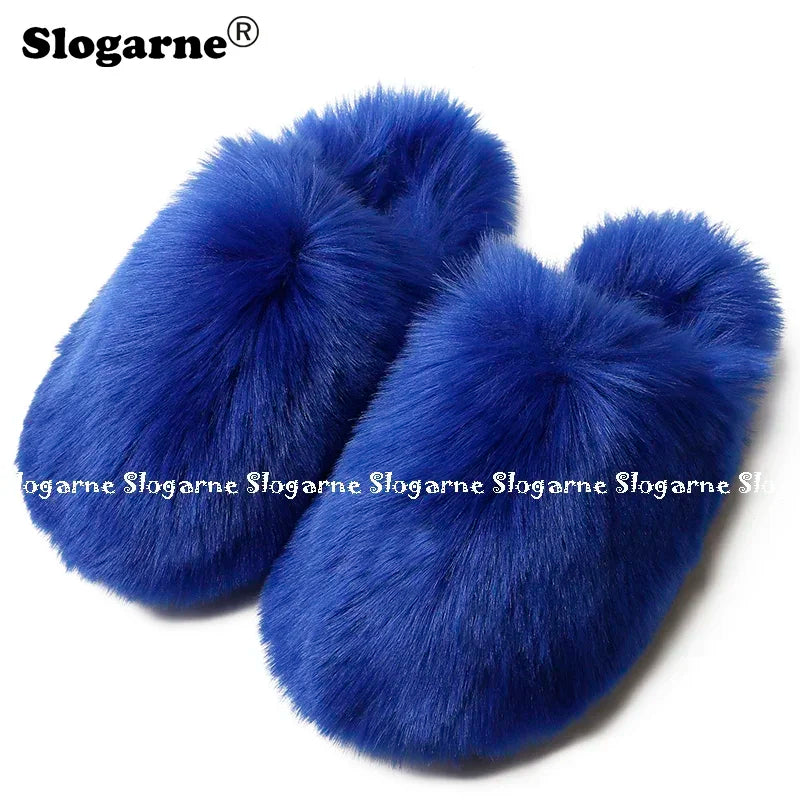 Ladies Winter High Quality Fox Fur Slippers Women Warm Fur Slides Girls Luxury Furry Slippers Soft Comfortable Home Cotton Shoes