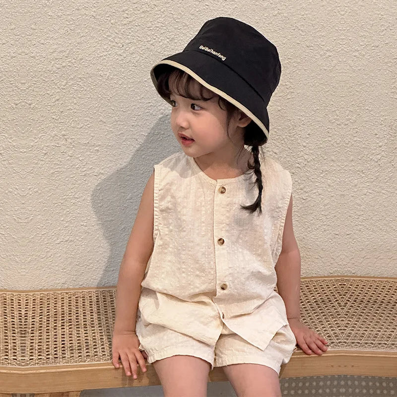 2026 Summer Kids Clothing Set Boys Vest and Shorts 2 Pcs Suit Korean Style Casual Girls Clothes Set Unsex Children Outfit