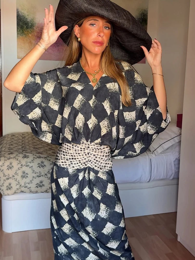 Elegant Plaid Printed Women's Dress V-neck Batwing Sleeve Waist Cinching Long Dress 2026 Spring Summer Casual Holiday Lady Robes