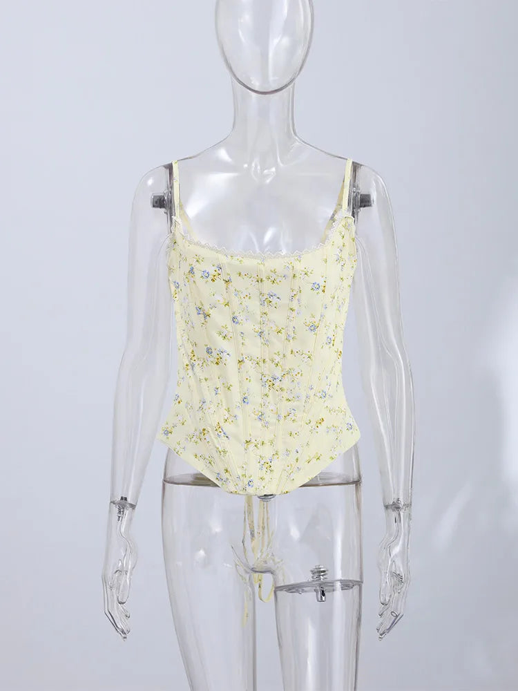 Floral Printed Fish-bone Tank Tops Women's Slim Sleeveless Back Lace-up Waist-cinching Blouses 2026 New Ladies Summer Outfit
