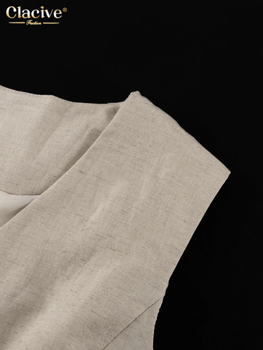 Clacive Summer Slim Khaki Linen 2 Piece Sets Women Outfit 2024 Fashion Sleeveless Tank Top With High Waist Shorts Set Female