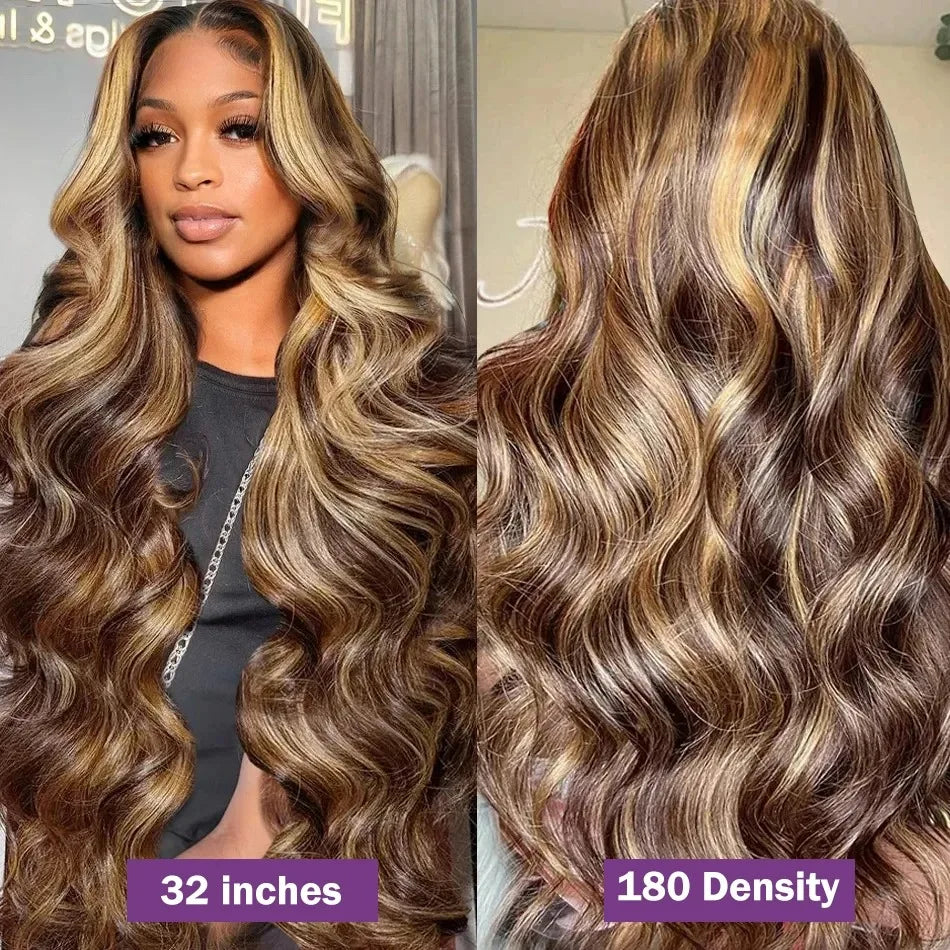 30 40 Inch 4/27 Highlight Body Wave 13x6 Lace Front Wig Brown Color 13x4 HD Lace Frontal Wig Ombre Blonde Human Hair Wig