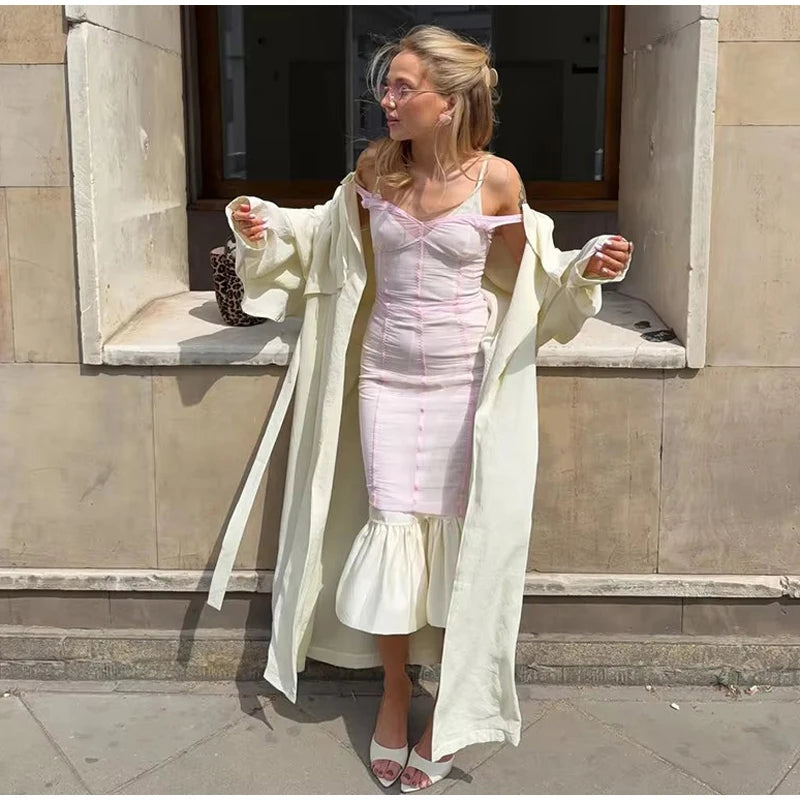 Women Sheer Mesh Overlay Midi Dress Waist Cinched Sleeveless Spaghetti Strap 2026 Summer Accessories Trendy Classy Lady Outfits