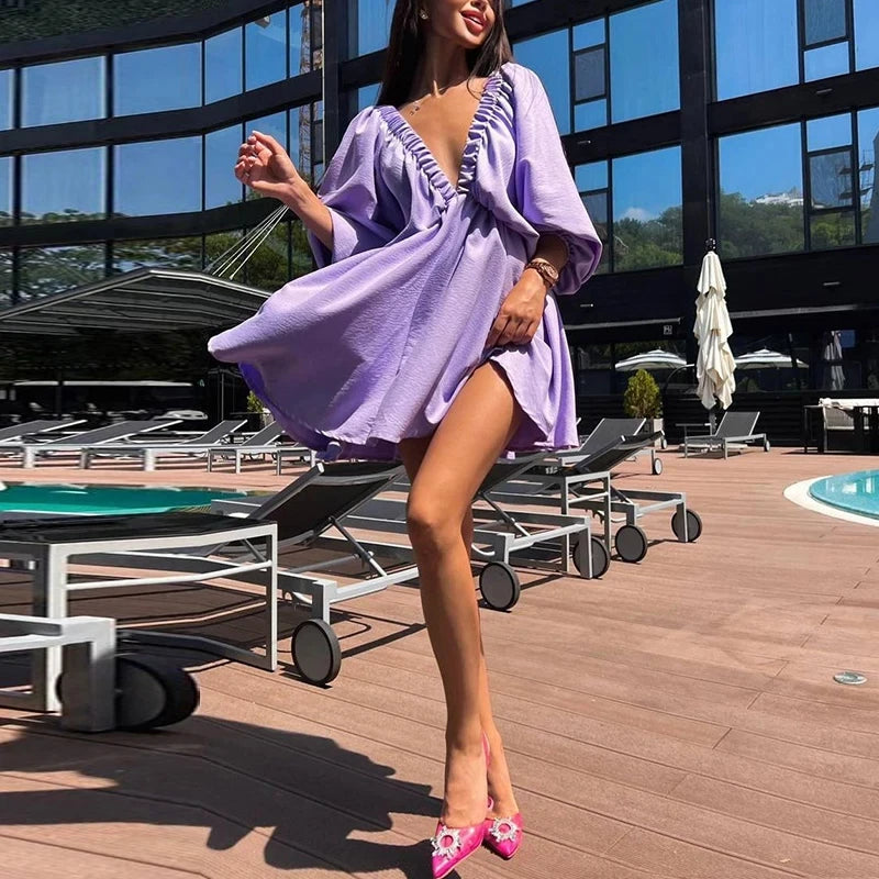 NHKDSASA Women Elegant Solid Loose Dress Summer Casual Long Sleeve Ruffle Dress Ladies Fashion V Neck A-line Party Dress Vestido