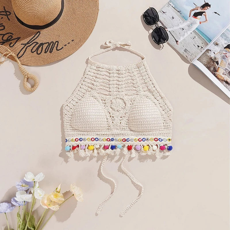 Bohemian Ethnic Style Sexy Knit Backless Short Crop Top For Women Lightweight Hollow Out Crochet Tassels Hem Halter Bras Bustier