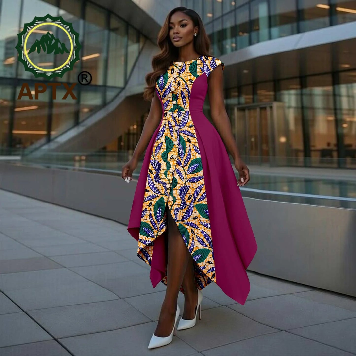 African Dress for Women Ankara Print O-Neck Short sleeve Ankle-Length Patchwork Asymmetrical Dress Dashiki Casual Party