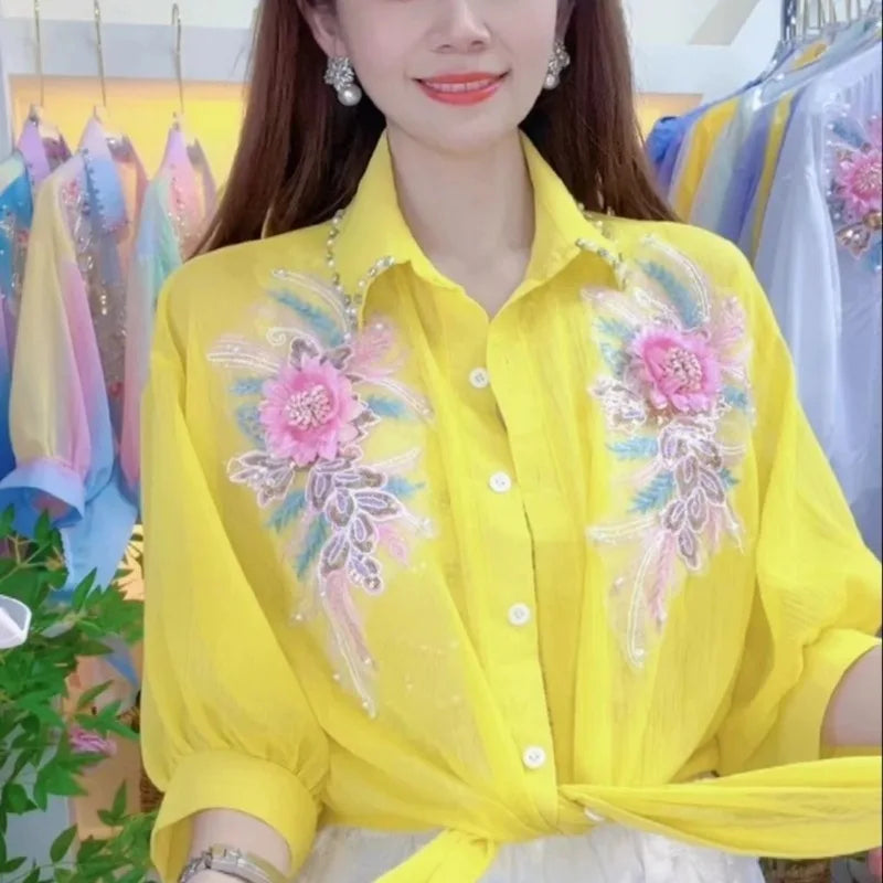 2024 Summer New Office Lady Temperament Sequined Bead Embroidered 3D Flower Chiffon Sun Protetion Casual Half-sleeved Shirt