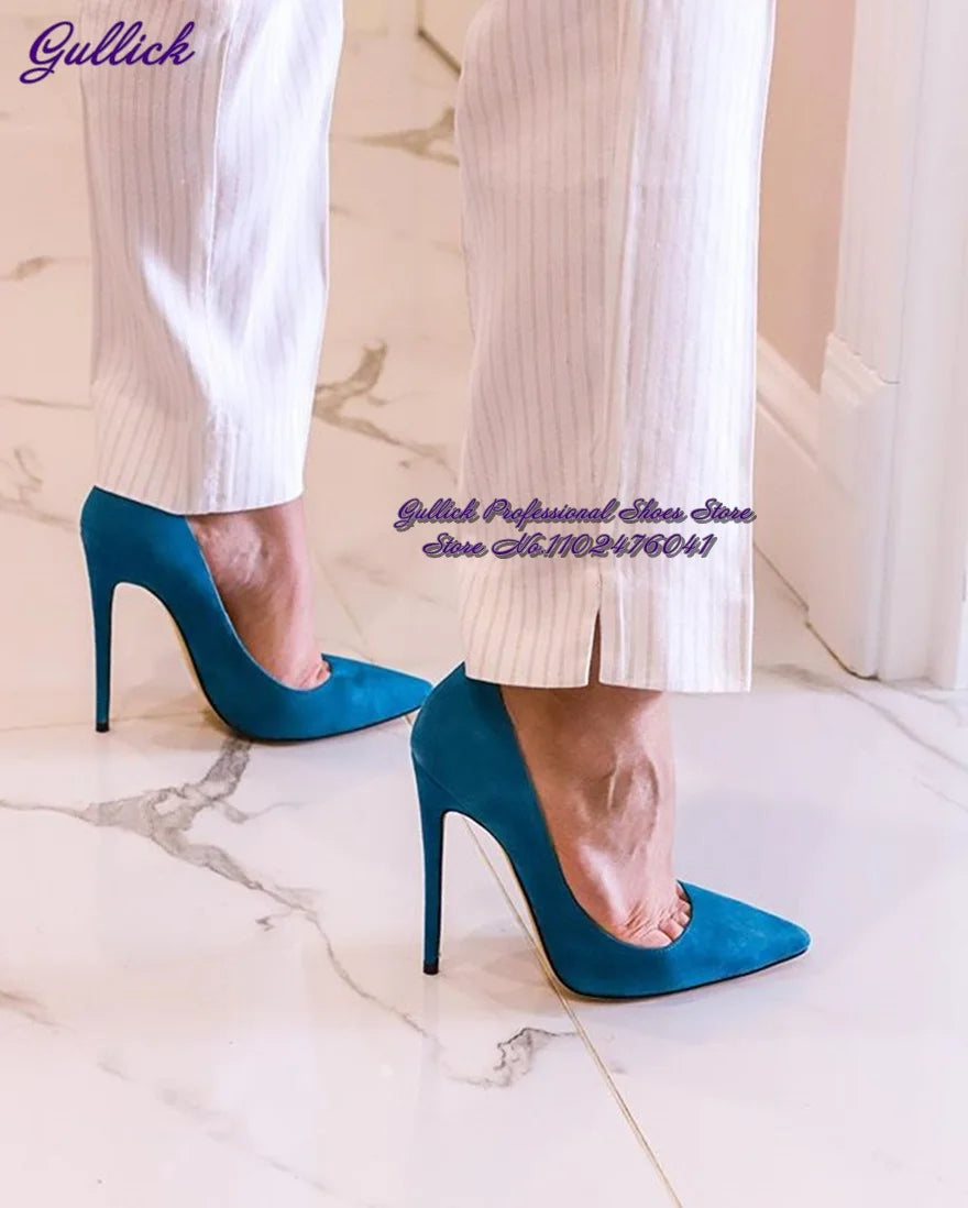 Gullick Women Hot Pink Suede High Heel Shoes 12Cm 10Cm 8Cm Stilettos Slip-On Pointed Toe Wedding Shoes Shallow Pumps Size45