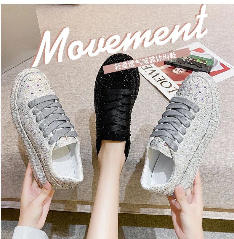 NEW Brand Women Fashion Casual Glitter Sparkling Sneakers Women Encrusted Lace Up Shoes White Sole Fashion Street Sneakers Shiny