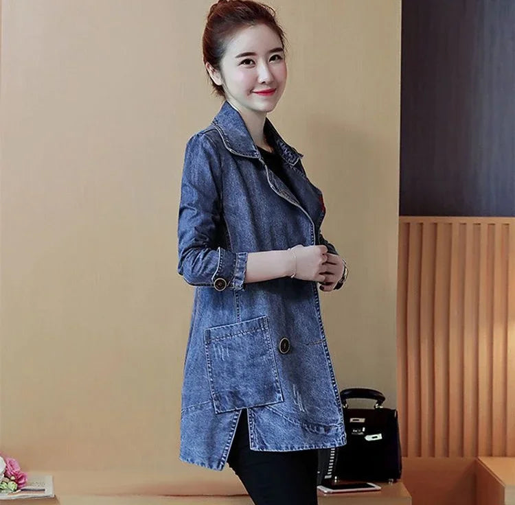 Plain Female Jeans Coats Korean Women's Denim Jackets Long Trench Designer in Promotion 2025 Trend Deals Chic and Elegant New