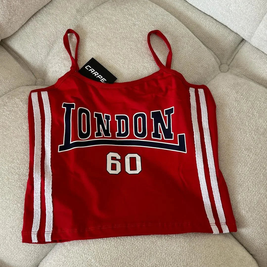 90s Women Aesthetic Vintage Crop Top Y2k Style Clothes Grunge London Print Sleeveless Sexy Tank Top Streetwear Hot Girl Camisole