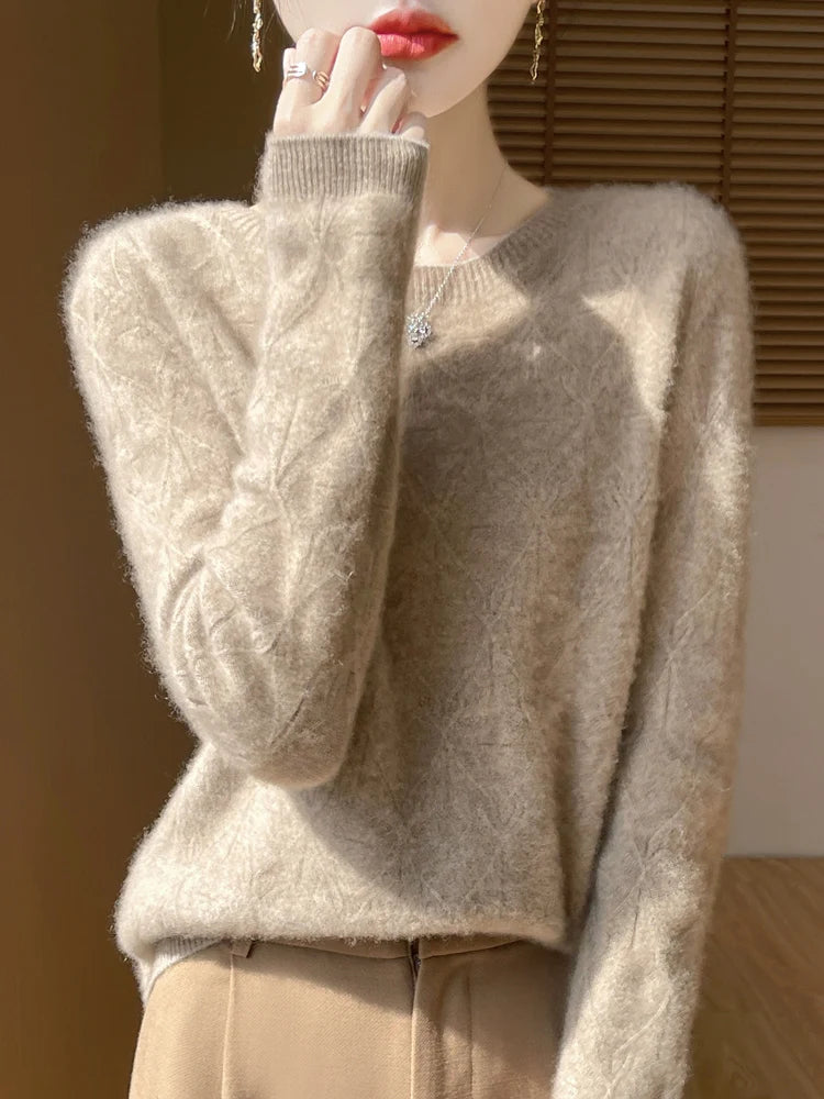Women 100% Merino Wool Sweater Casual Hollow out Cashmere Blouse O-neck Pullover Tops Autumn Winter Warm Knit Woman Wool Sweater