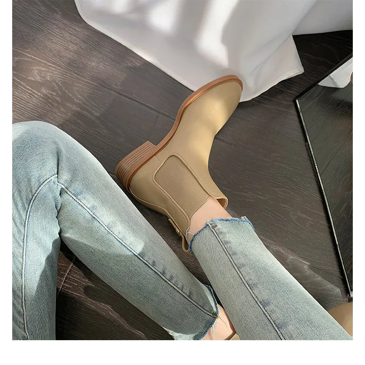 2026 Autumn/Winter Ankle Boots Women Basic Chelsea Botas Mujer Low Thick Heels Short Booties PU Leather Slip On Stretch Botines