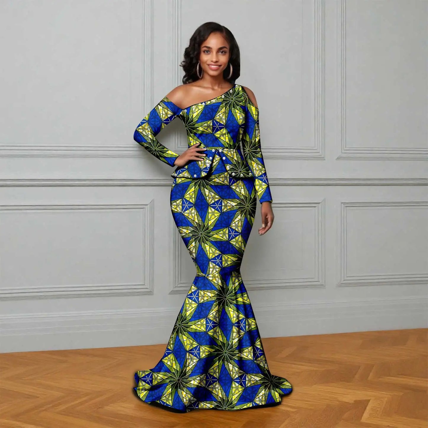 African Ankara Printed Fabric Women's Dress Skew Collar Long Sleeve Floor-Length Dress Elegant fashion 2625007