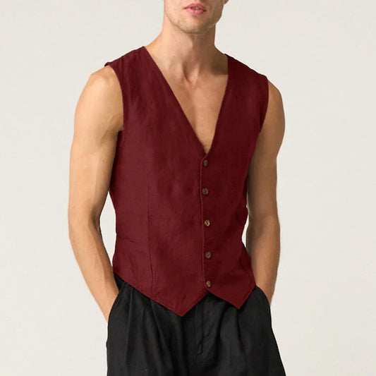 Linen Casual Men's Vest Cool Sleeveless Male Summer Single Breasted Suit Vests V Neck Vintage Jacket for Men Waistcoat