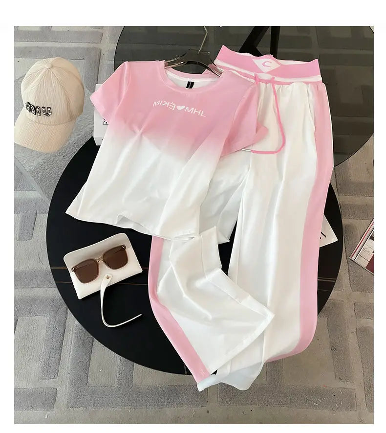 2024 Spring/Summer New Fashionable Gradient Short Sleeve+High Waist Wide Leg Pants Casual Two Piece Set