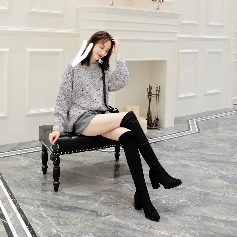 Stretch Long Faux Suede Boots Women Over-the-knee Boots Casual Black Sexy Nightclub Platform Shoes for Women Autumn Women Bottes