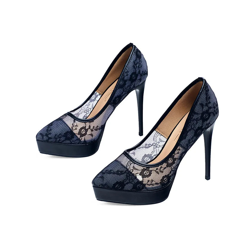 Fashion Roman Pumps 12Cm Black Platform High Heels Mesh Breathable Sexy Shallow Mouth Pointed Single Shoes Small Size 32 33