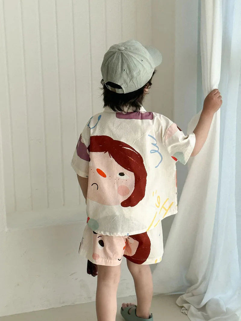 Loose Fit Summer Kids Clothes Set Girls Cute Graffiti Dress Boys Short Sleeved Shirt Children Thin Brother Sisters Outwear Suit