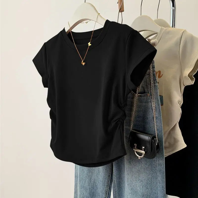 Women Summer Short Sleeve Top Slim Fit Round Neck Tee Breathable Casual