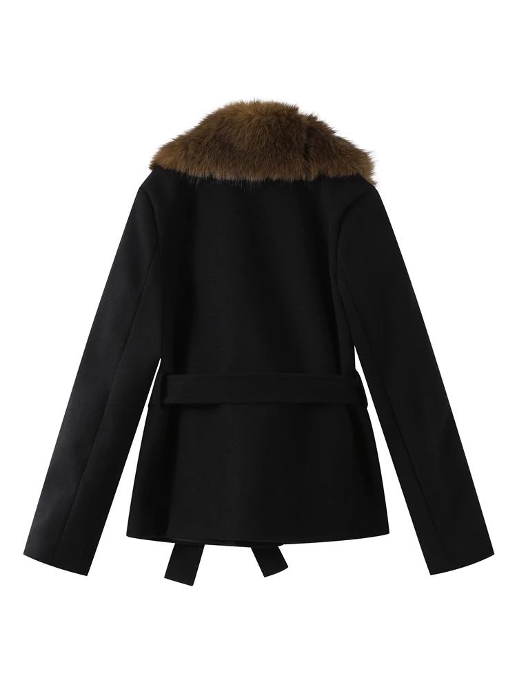 Faux Fur Collar Lace Up Woolen Overcoat Women Elegant Full Sleeve Waist Cinching Autumn Winter Bomber Coats Chic Lady Outerwears