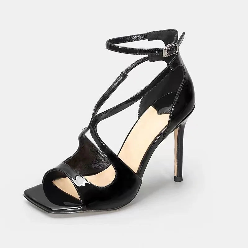 2025 European and American Women's New Square Toe Sandals Summer Nude Patent Leather Stiletto Sexy High Heels