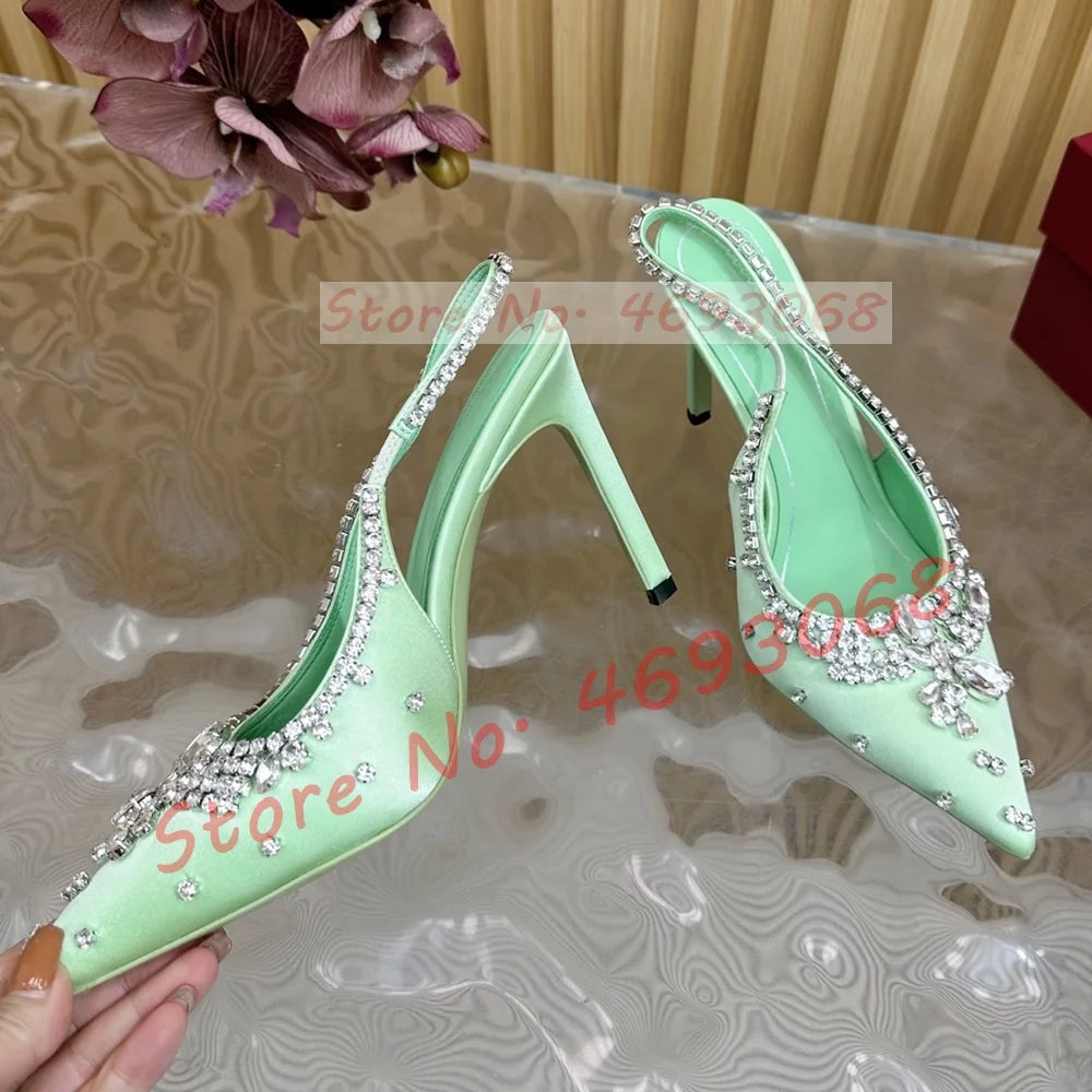 Luxury Crystal Flowers Back Strap Sandals Ladies Trendy Pointy Toe Classy Gems Satin Sandal Women Real Leather Evening Shoes