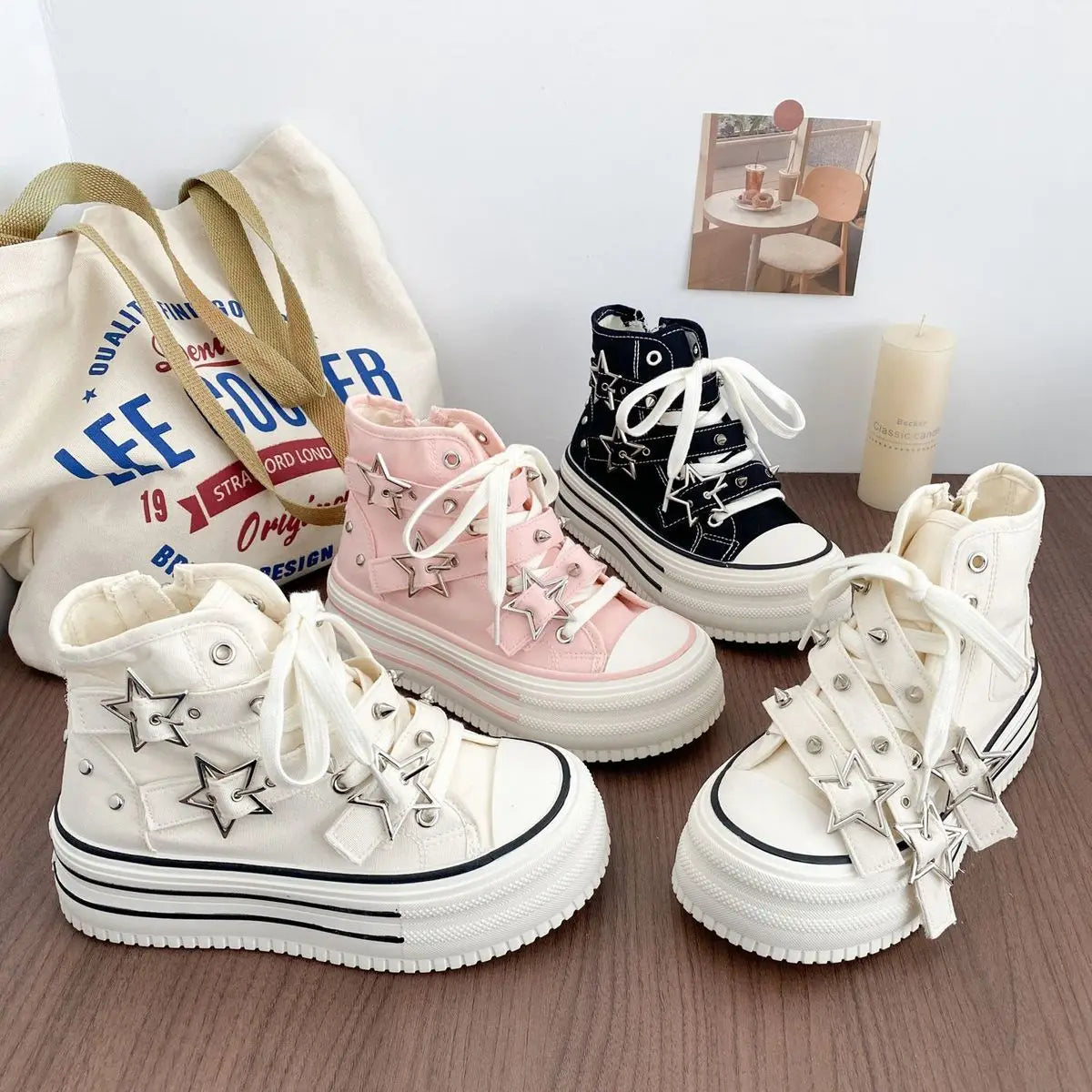 Y2K Pink High-top Canvas Shoes for Women Design Rivet Buckle Lace-up Platform Women's Summer Sports Shoes Fashion Board-shoe