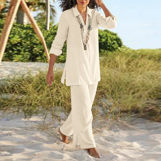 Casual Loose Cotton Linen Pant Sets For Women 2024 Fashion Solid Shirt And Pant 2 Piece Sets Women Outfit Summer Straight Pants