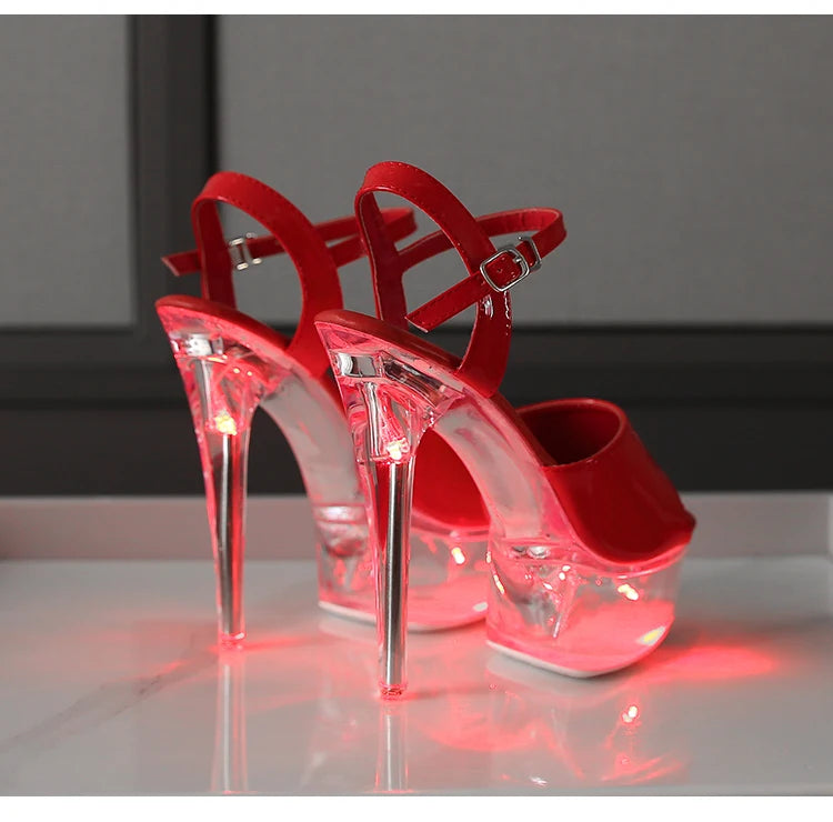 Women's Transparent And Glowing High Heels Red LED Light Up Party Sandals Nightclub Pole Dance Shoes 14.5CM Summer Runway Pumps