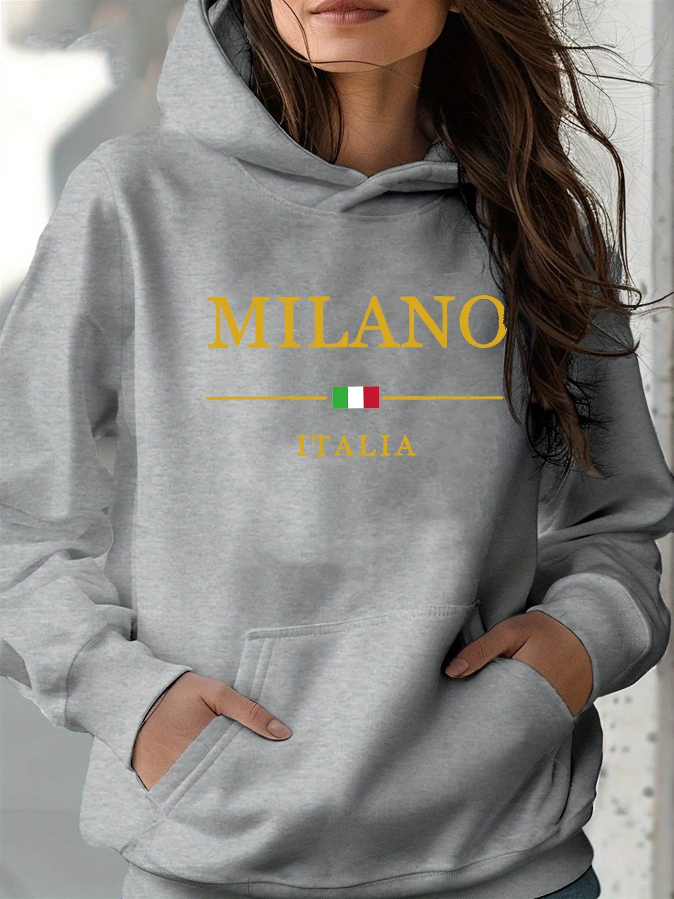 Women's autumn and winter warm and loose casual MILANO ITALIA pattern printed suede long sleeved hooded sweatshirt BAZAARHUBO