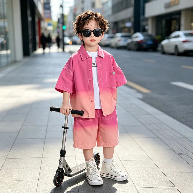 2026 New Boys Fashion Gradient Pink Shirt Shorts Set Loose Fit Casual Kids Two Piece Outfit Breathable Children's Streetwear 3-8