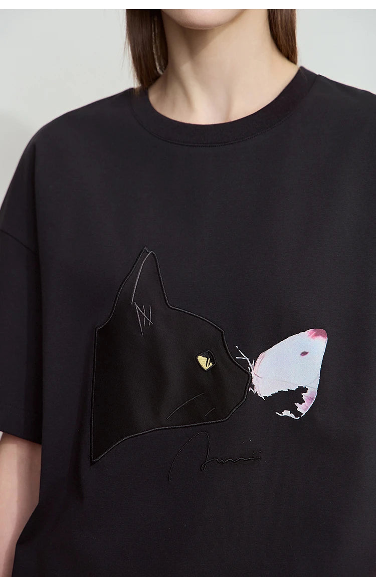 AMII Summer Casual T-shirt for Women 2025 Print Round Neck Short Sleeve Shirts Lady Fashion New Loose Clothes Woman 12522007